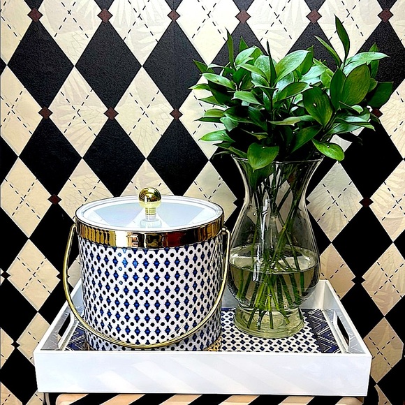 Blue & White Ice Bucket & Tray Set with Gold Trim | Bar Cart Glam - Picture 6 of 14